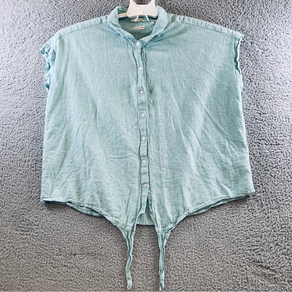Weatherproof Vintage Womens Cap Sleeve Button Down Tie Front Top Linen Green XXL